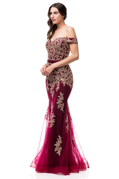 Oscar Off Shoulder Burgundy And Gold Mermaid Tulle Evening Gown Long Pro Frugal Mughal 9804