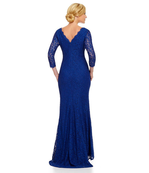 Adrianna Papell 3 4 Sleeves Scalloped Lace Gown Prussian Blue