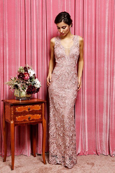 V Neck Lace maxi Bridesmaid Lace Long Dress in Burgundy and Dusty Rose