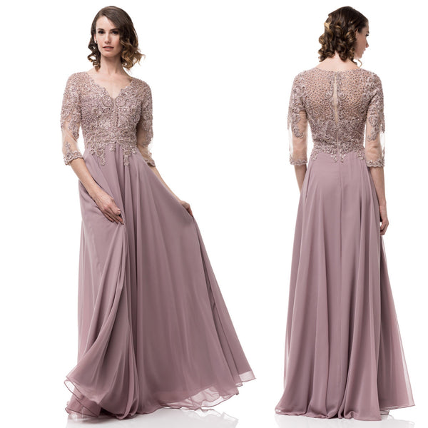 Floor Length Fantasy A-Line Chiffon Lace Mauve Mother of the Bride Gro ...