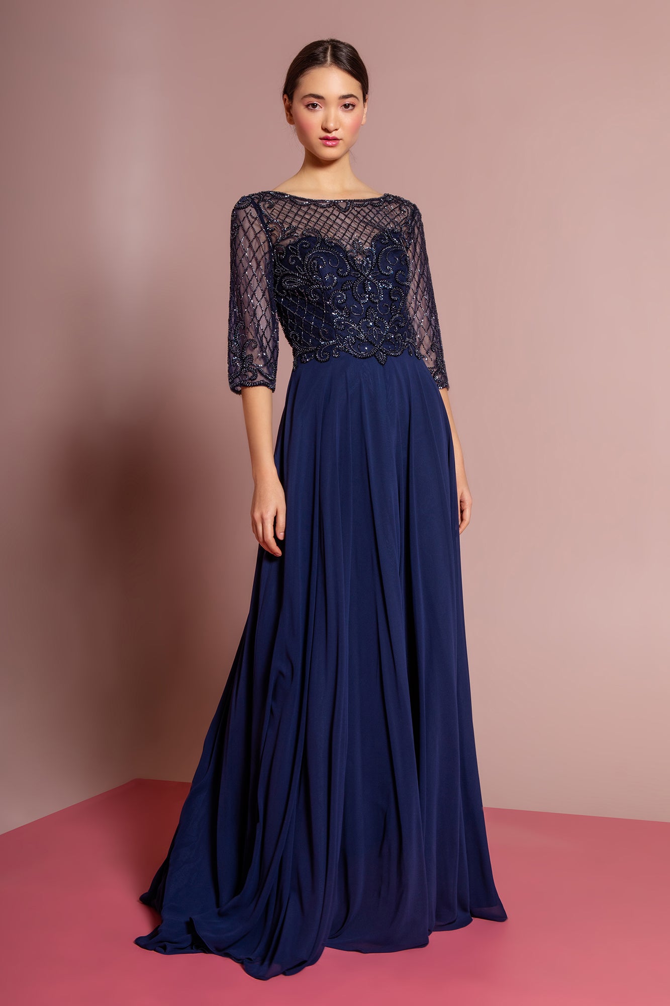 Mother of the Bride Groom Gown Chiffon Long Dress 3/4 Sleeves Navy and ...