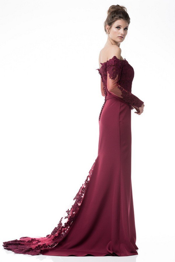 Burgundy off the shoulder evening gown