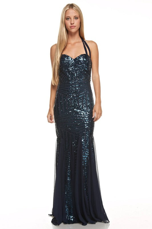 Floor Length Navy mermaid sequin gown Halter Bridesmaid Dress 5 colors