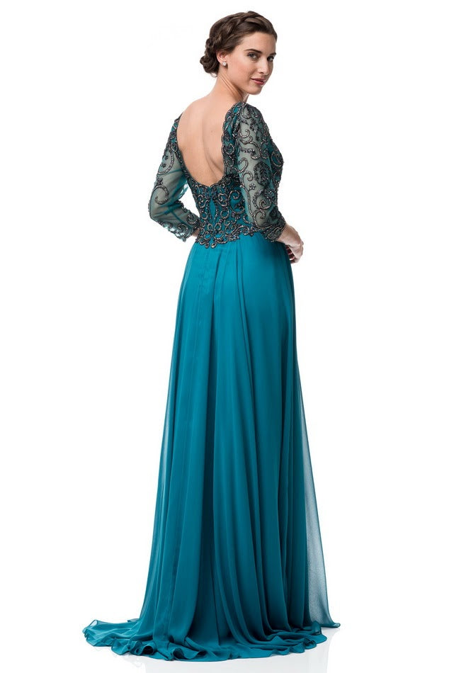 Teal Embellished A Line Long evening gown Chiffon  3/4 sleeves mother of the bride dress