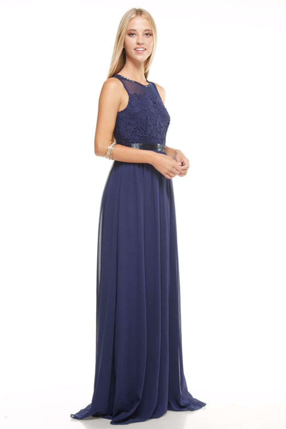 Affordable Beaded Chiffon Long Bridesmaid Dress Navy