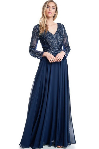 Navy Mother of the Bride dress long sleeves chiffon A-line evening Gow ...