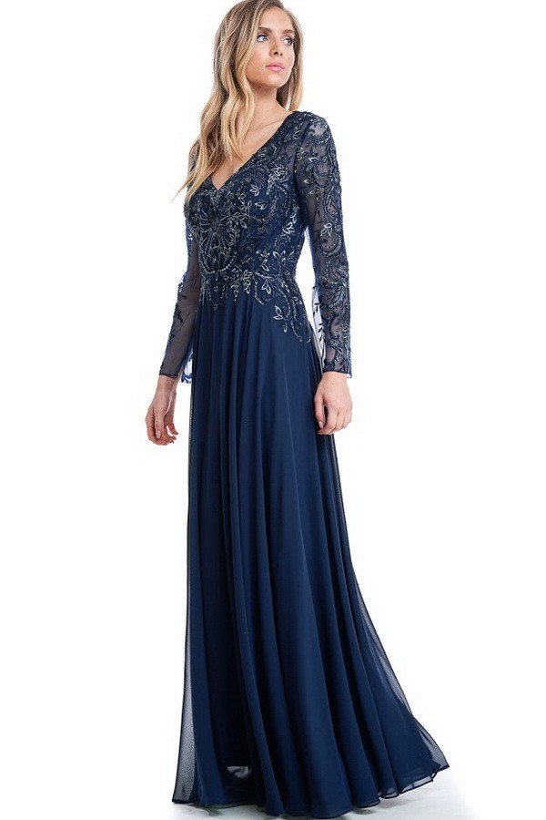 Navy Mother Of The Bride Dress Long Sleeves Chiffon A Line Evening Gow