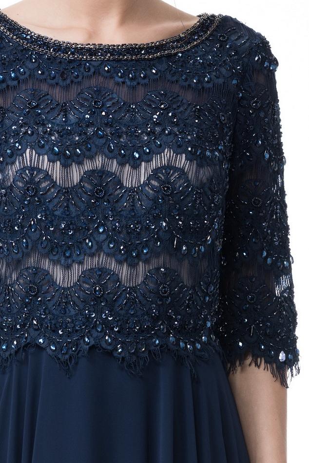 Scalloped lace Navy scoop neck 3/4 sleeves long chiffon mother of the bride gown