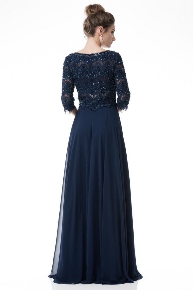 Scalloped lace Navy scoop neck 3/4 sleeves long chiffon mother of the bride gown