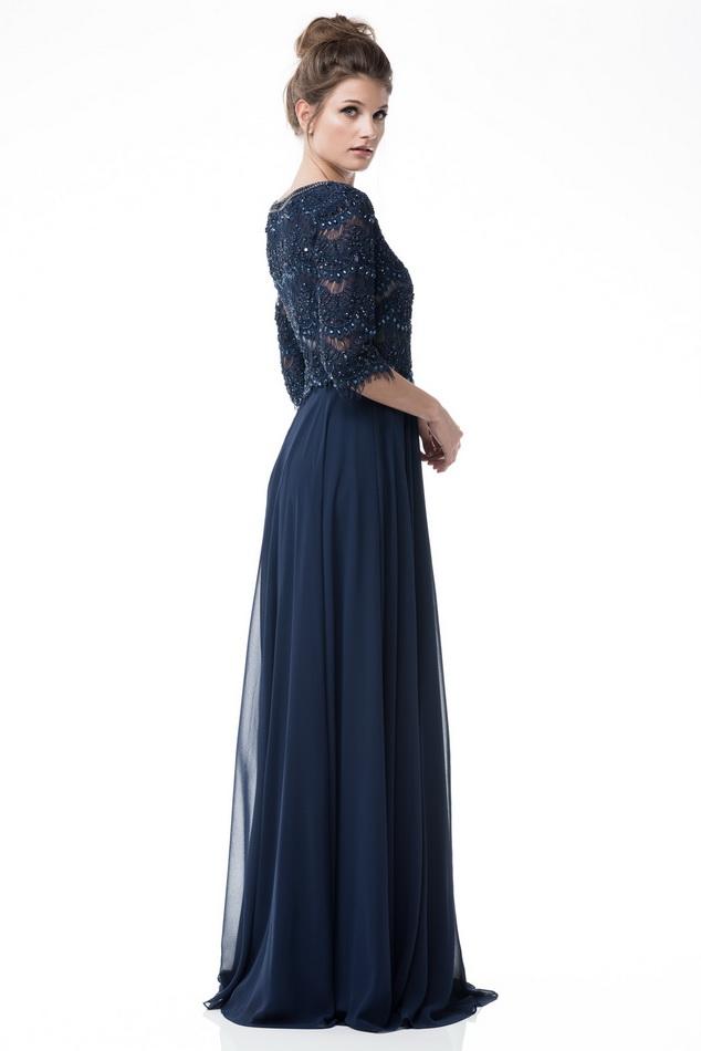 Scalloped lace Navy scoop neck 3/4 sleeves long chiffon mother of the bride gown