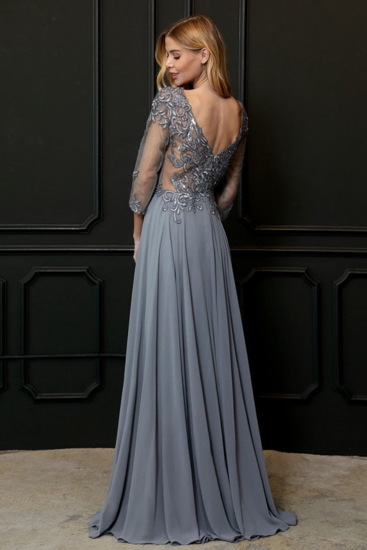 Floor Length Chiffon 3/4 sleeves Slate Gray mother of the Bride Dress Evening gown.