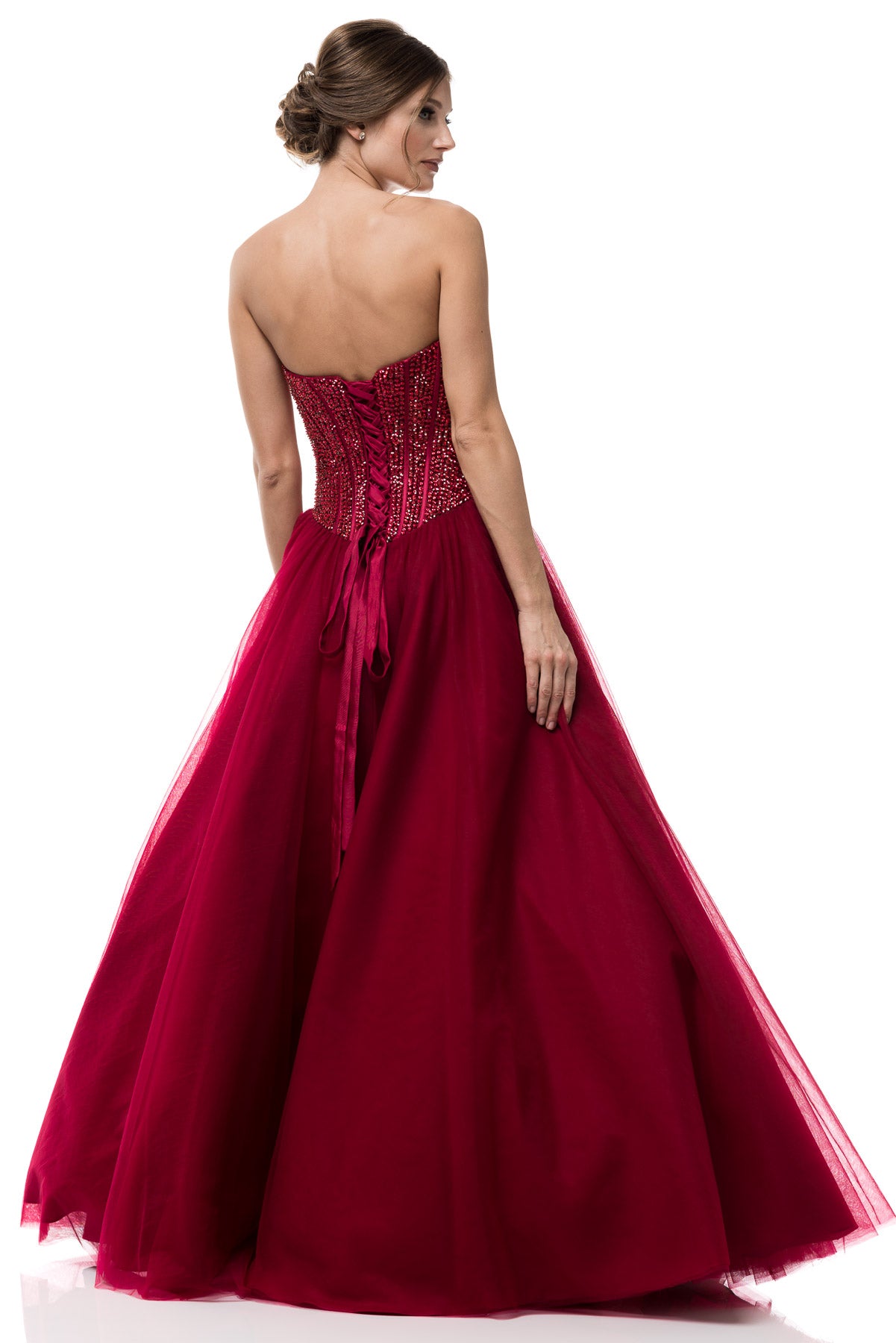 2018 Exclusive Prom Dress Strapless Corset style Burgundy Ball Tulle Gown