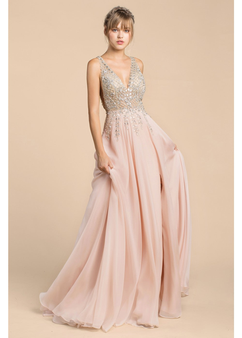 Dance the night away Flowy chiffon blush gown long Prom Evening Wedding Dress