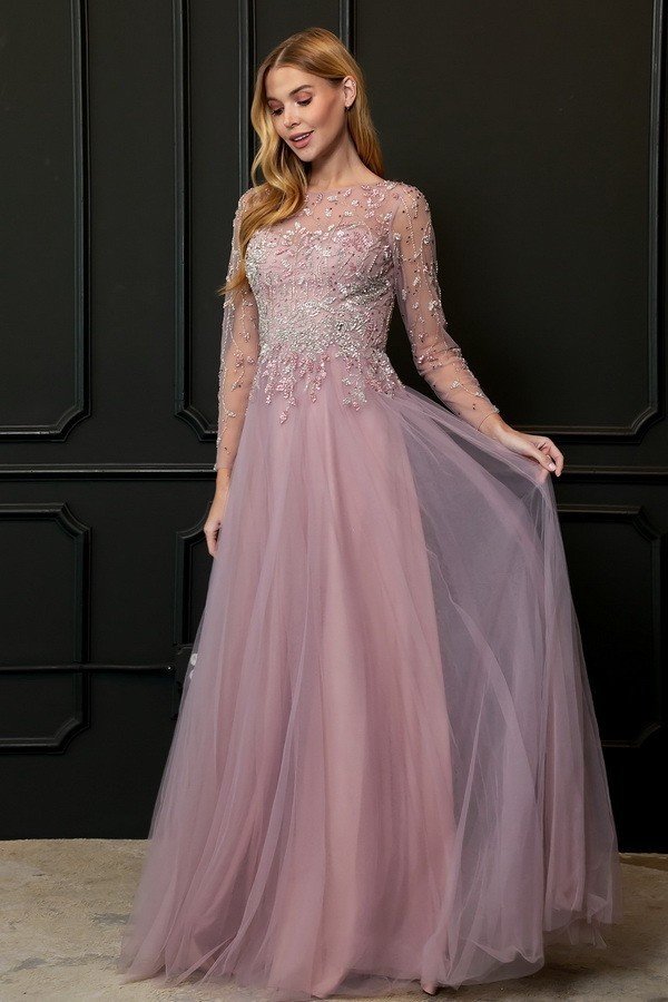 Floor Length Tulle 3/4 sleeves Mauve mother of the Bride Dress Evening gown.