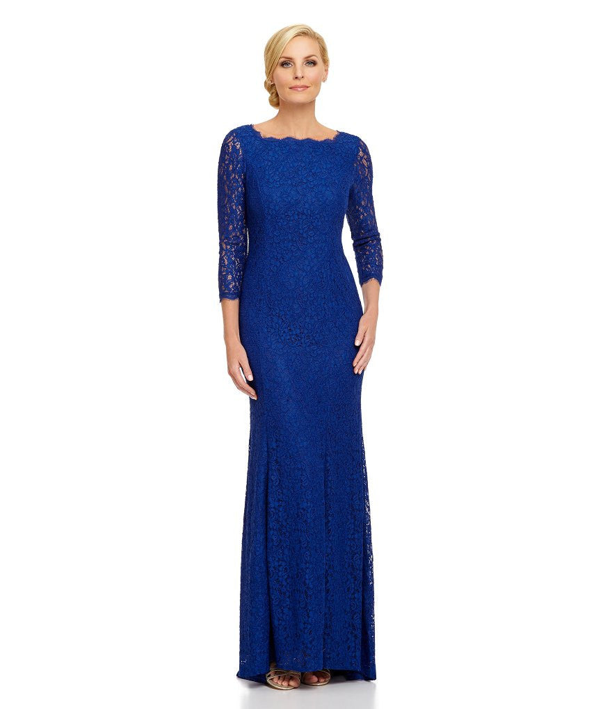 Adrianna Papell 3/4 Sleeves Scalloped Lace Gown Prussian Blue dress