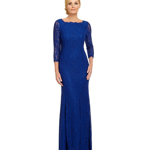 Adrianna Papell 3 4 Sleeves Scalloped Lace Gown Prussian Blue