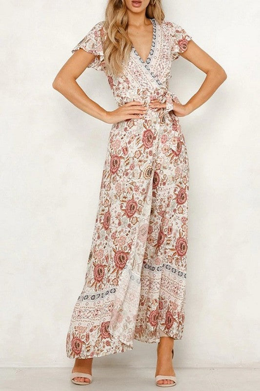 Boho floral long maxi high slit wrap dress