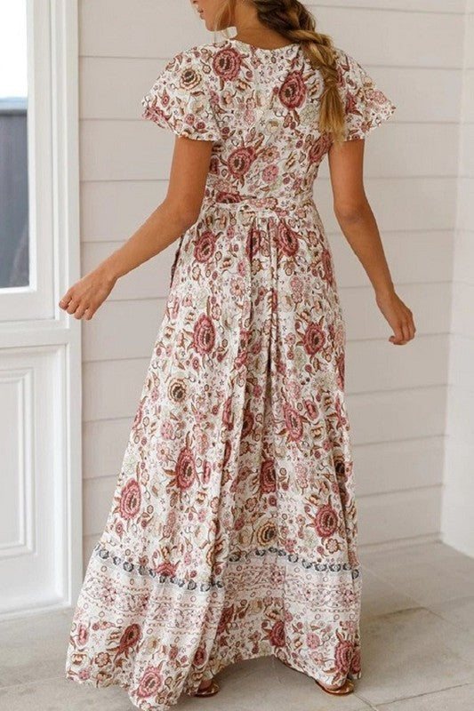 Boho floral long maxi high slit wrap dress