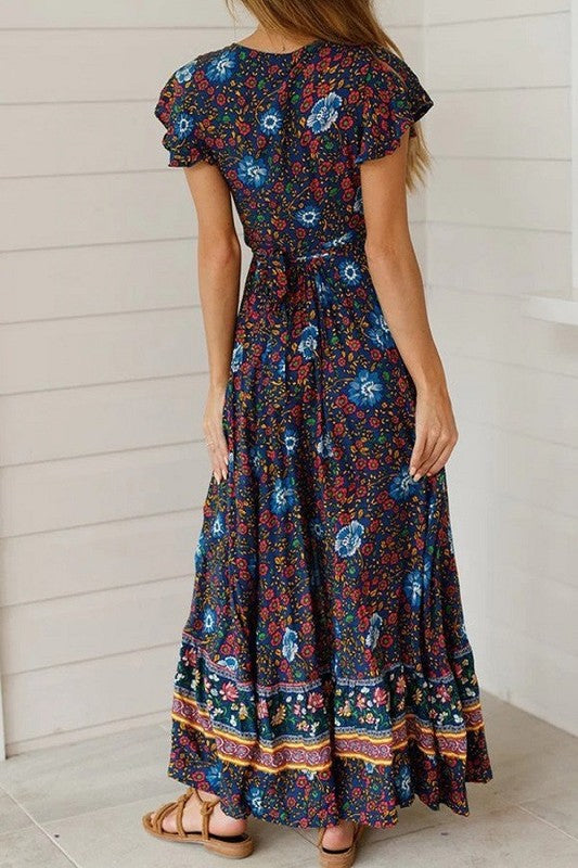 Boho floral long maxi high slit wrap dress