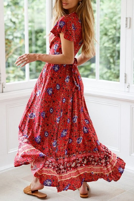 Boho floral long maxi high slit wrap dress