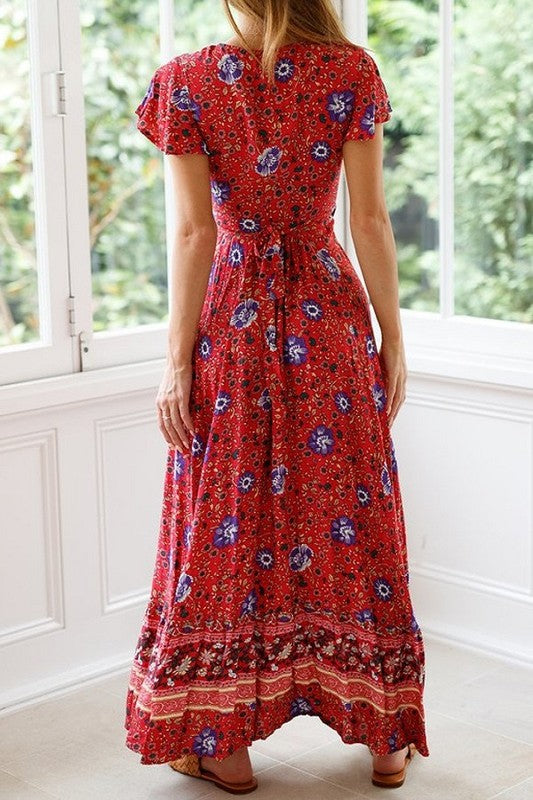 Boho floral long maxi high slit wrap dress