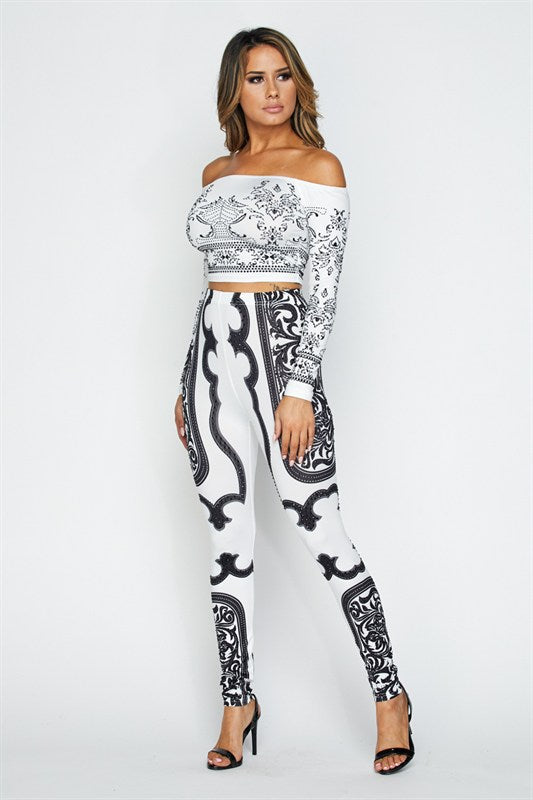 2019 Baroque black and white 2 piece off shoulder crop top pants set