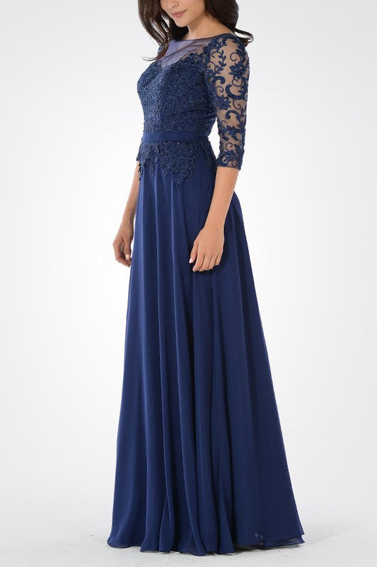 Long Chiffon Mother of the Bride dress 3/4 sleeves Evening Gown ...