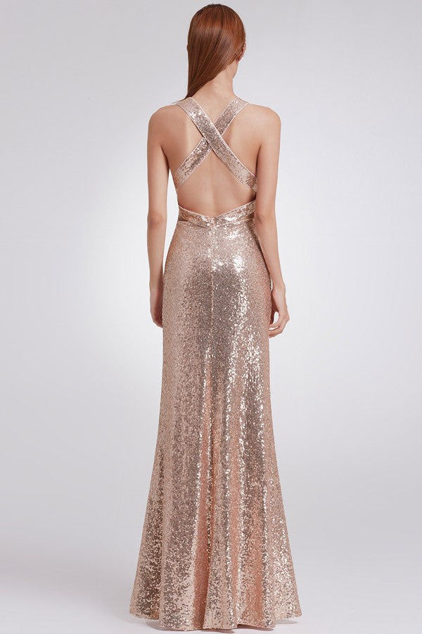 Grecian V Neck Sequin criss cross back long bridesmaid dress Rose Gold Evening gown 4-16