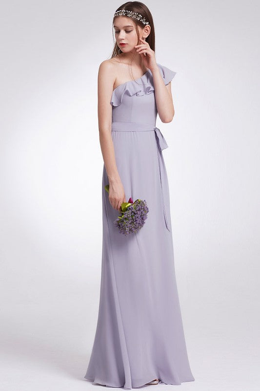 Elegant Floor length one shoulder ruffles chiffon bridesmaid dress